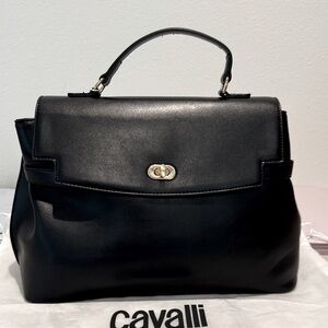Cavalli Class Black Leather Top-Handle Satchel